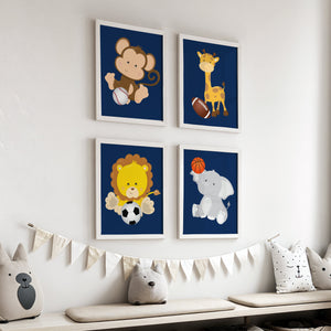 Set of 4 Prints or Canvas- Lion Elephant Giraffe Monkey Basketball Soccer Football Baseball, 