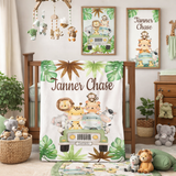 Safari Animals Truck Baby Boy Name Blanket with Tropical Leaves