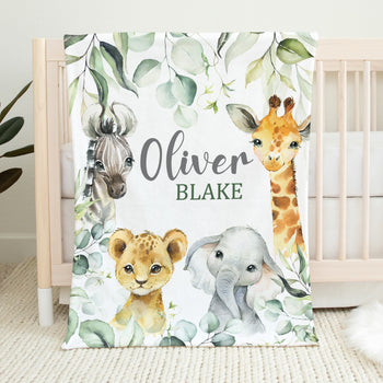 Safari Animals Baby Name Blanket with Eucalyptus Leaves