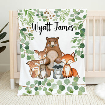 Woodland Animals Boy Name Blanket with Eucalyptus Leaves