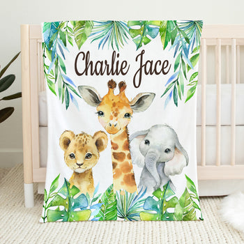 Safari Animals Boy Name Blanket with Tropical Leaves