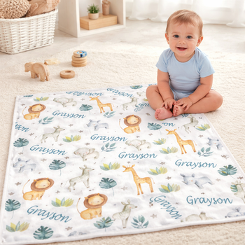 Personalized Jungle Animals Baby Blanket with Tropical Leaves