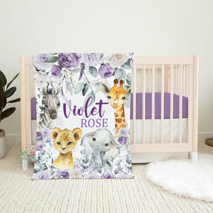 Animals Purple Floral Baby Blanket, Personalized Girl Name Violet Eucalyptus Leaves Jungle Greenery Newborn Baby Shower Gift Nursery B1636