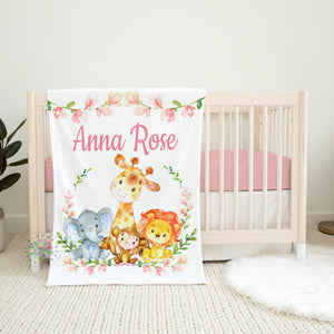 Safari Animals Baby Blanket, Girl Name Personalized Floral Jungle Tropical Leaves Pink Flowers Baby Shower Gift Nursery Crib Bedding B1225