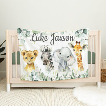 Personalized Safari Animals Baby Boy Blanket with Leaves