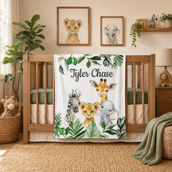 Jungle Animals Baby Boy Blanket with Greenery