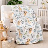 Personalized Jungle Animals Baby Blanket with Tropical Leaves