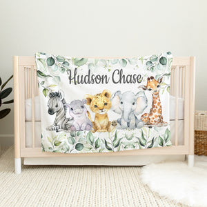 Safari Animals Baby Boy Blanket with Eucalyptus Leaves