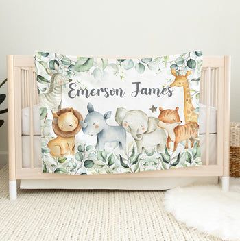 Safari Animals Baby Boy Blanket with Eucalyptus Leaves