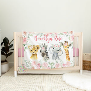 Animals Floral Blanket, Baby Girl Blush Pink Flowers Roses, Personalized Safari Jungle Name Blanket, Newborn Baby Shower Gift, B1691