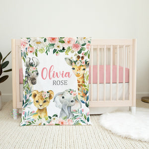 Safari Animals Floral Blanket, Baby Girl Personalized Name Blush Pink Flowers Roses Nursery Decor Newborn Toddler Baby Shower Gift B1639