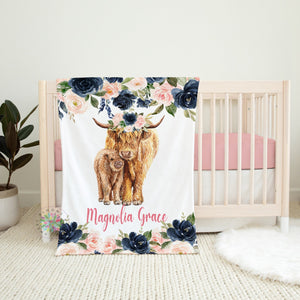 Cow Floral Girl Name Blanket, Highland Cow Baby Blush Pink Navy Blue Roses Blanket, Baby Shower Gift, B1619