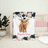 Highland Cow Floral Girl Name Blanket with Navy Blush Pink Flowers B1679