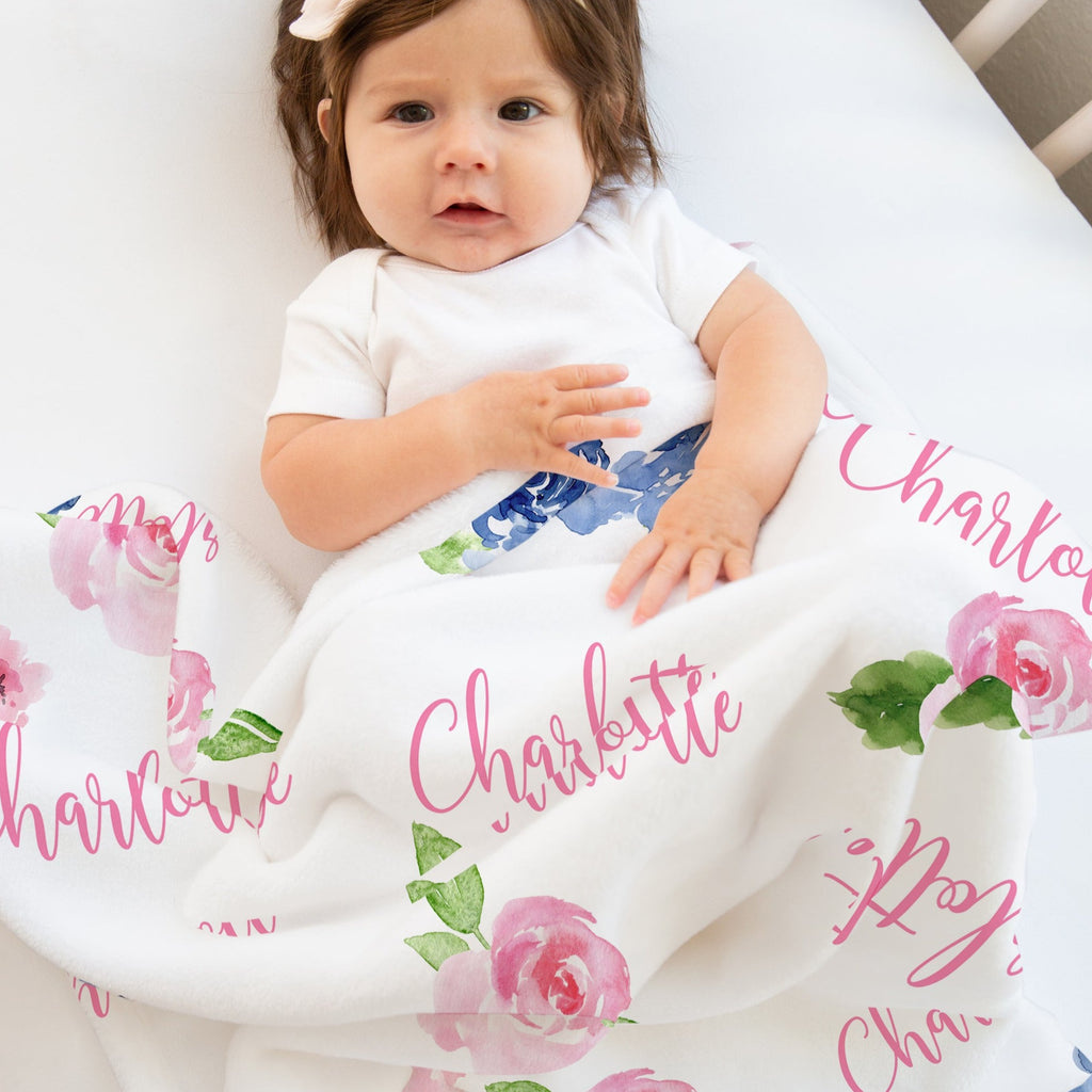 Floral Baby Girl Name Blanket, Pink Navy Blue Watercolor Flowers