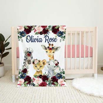 Safari Animals Baby Girl Name Blanket, Burgundy Red Navy Blush Pink Floral Personalized Blanket, Baby Shower Gift Animals Blanket B1500