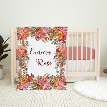 Rust Floral Girl Name Blanket, Boho Dusty Peach Brown Burgundy Watercolor Flowers Earth Tone Autumn bohemian Baby Shower Gift B1418