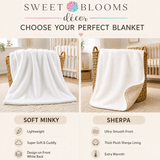 The image is a comparison of two different blankets, one being a soft minky and the other being a thick plush sherpa. The blankets are displayed side by side, with the soft minky blanket on the left and the thick plush sherpa blanket on the right.