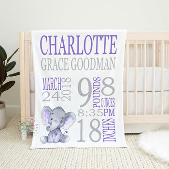 Elephant Baby Girl Name Blanket Personalized Birth Announcenent Purple Gray Birth Stats Baby Shower Gift  Nursery Bedding Decor B588