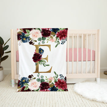 Red Floral Girl Blanket, Gold Letter Burgundy Red Blush Pink Gold Navy Watercolor Flowers Monogram Nursery Blanket Baby Shower Gift B1348