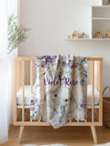 Elephant Purple Floral Baby Girl Name  Blanket, Violet Eucalyptus Leaves B1673