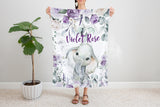 Elephant Purple Floral Baby Girl Name  Blanket, Violet Eucalyptus Leaves B1673