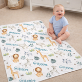Personalized Jungle Animals Baby Blanket with Tropical Leaves