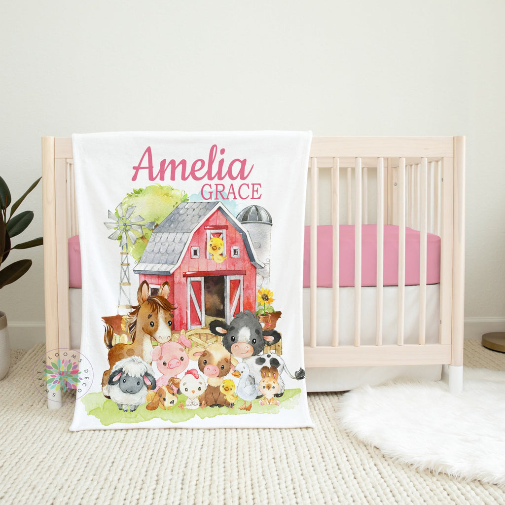 Farm Animals Baby Blanket, Personalized Girl Farmhouse Barnyard