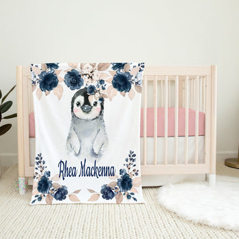 Penguin Baby Girl Name Blanket Watercolor Navy Rose Gold Flowers Newborn Baby Girl Monogram Penguin Floral Baby Shower Gift B1592