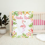 Flamingo Baby Blanket, Tropical Flowers Leaves Name Blanket Baby Shower Gift Jungle B1607