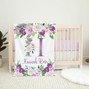 Purple Floral Girl Name Blanket, Purple Lavender Watercolor Flowers Roses Personalized Monogram Blanket Girl Baby Shower Gift B1578