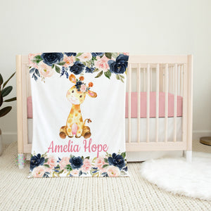 Giraffe Baby Girl Blanket, Navy Blue Coral Blush Pink Flowers Name Personalized Girl Swaddle Flowers Baby Shower Gift Blanket B1545