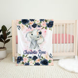 Elephant Floral Baby Blanket, Blush Pink Navy Blue Watercolor Flowers Name Personalized Girl Baby Shower Gift Nursery B1081