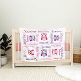 Owls Baby Girl Blanket, Pink Purple Owls Baby Girl Name Monogram Blanket Personalized Blanket Name Blanket Baby Shower Gift B177