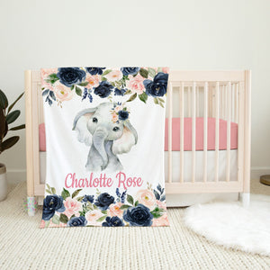 Elephant Floral Baby Blanket, Blush Pink Navy Blue Watercolor Flowers Name Personalized Girl Baby Shower Gift Nursery B1498
