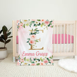 Personalized Girl Name Monogram Blanket Floral Blush Pink Coral Gold Watercolor Flowers Baby Shower Gift Newborn Girl Bedding B1047