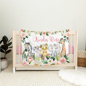 Animals Baby Girl Blanket, Safari Floral Blush Pink Flowers Jungle Personalized Name Custom Nursery Decor Newborn Baby Shower Gift B1628