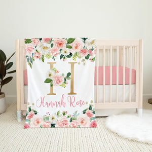 Blush Pink Floral Blanket, Pink Watercolor Flowers Rose Gold Name Blanket, Monogram Baby Girl Personalized Blanket, Baby Shower Gift B1438