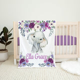 Elephant Baby Blanket, Purple Floral Personalized Girl Name Purple Lavender Watercolor Flowers Baby Shower Gift Nursery Bedding B1342