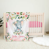 Elephant Floral Baby Girl Name Blanket, Personalized Blush Pink Flowers Roses Baby Girl Name Blanket Baby Shower Gift Bedding B691