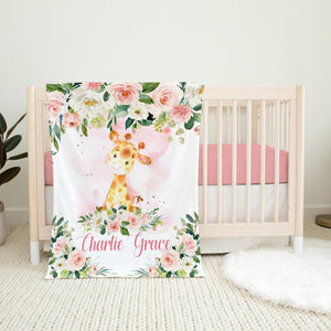Giraffe Floral Baby Girl Blanket, Giraffe Blush Pink Flowers Roses Personalized Newborn Baby Girl Name Blanket Baby Shower Gift Bedding B804