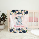 Personalized Elephants Baby Girl Blanket Navy Blue Coral Pink Blush Floral Newborn Name Monogram Flowers Baby Shower Gift Bedding B718