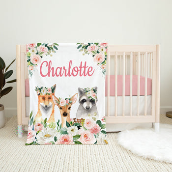 Woodland Animals Floral Girl Name Blanket, Blush Pink Flowers Newborn Monogram Flowers Baby Shower Gift Animals Nursery Bedding B1261
