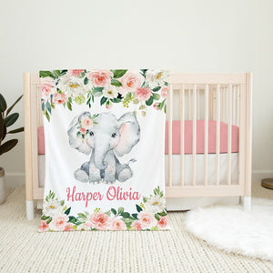 Elephants Baby Girl Blanket, Personalized Blush Pink Floral Baby Girl Name Blanket, Elephant Flowers Baby Shower Gift B1432