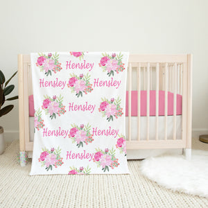 Pink Floral Baby Girl Personalized Blanket, Pink Flowers Roses Watercolor Baby Girl Name Blanket B579