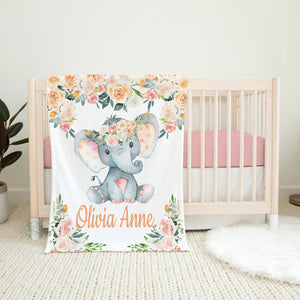 Elephant Floral Baby Girl Name Blanket, Peach Blush Pink Coral Watercolor Flowers Personalized Baby Shower Gift B1223