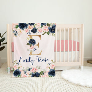 Blush Pink Navy Floral Girl Name Blanket, Watercolor Flowers Newborn Baby Girl Personalized Blanket, Baby Shower Gift B1437