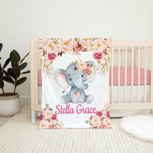 Elephants Floral Baby Girl Name Blanket, Watercolor Blush Pink Magenta Burgundy Red Flowers Baby Shower Gift B1046