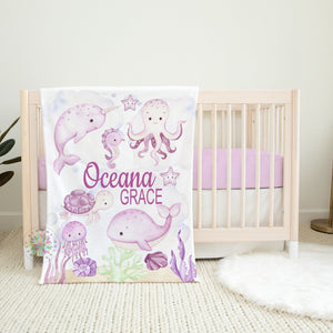 Sea Animals Blanket, Baby Girl Name Personalized Pink Purple Watercolor Ocean Under The Sea Baby Shower Gift Nursery Bedding Decor B1642.