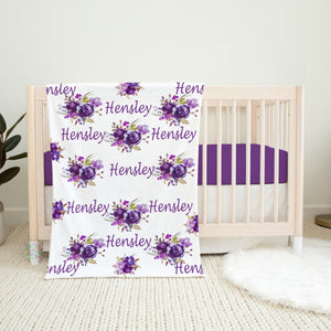 Purple Floral Baby Girl Name Blanket, Purple Flowers Personalized Baby Girl Blanket Baby Shower Gift B580