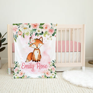 Fox Floral Baby Girl Blanket, Blush Pink Flowers Personalized Newborn Baby Girl Name Blanket, Fox Woodland Baby Shower Gift B1522